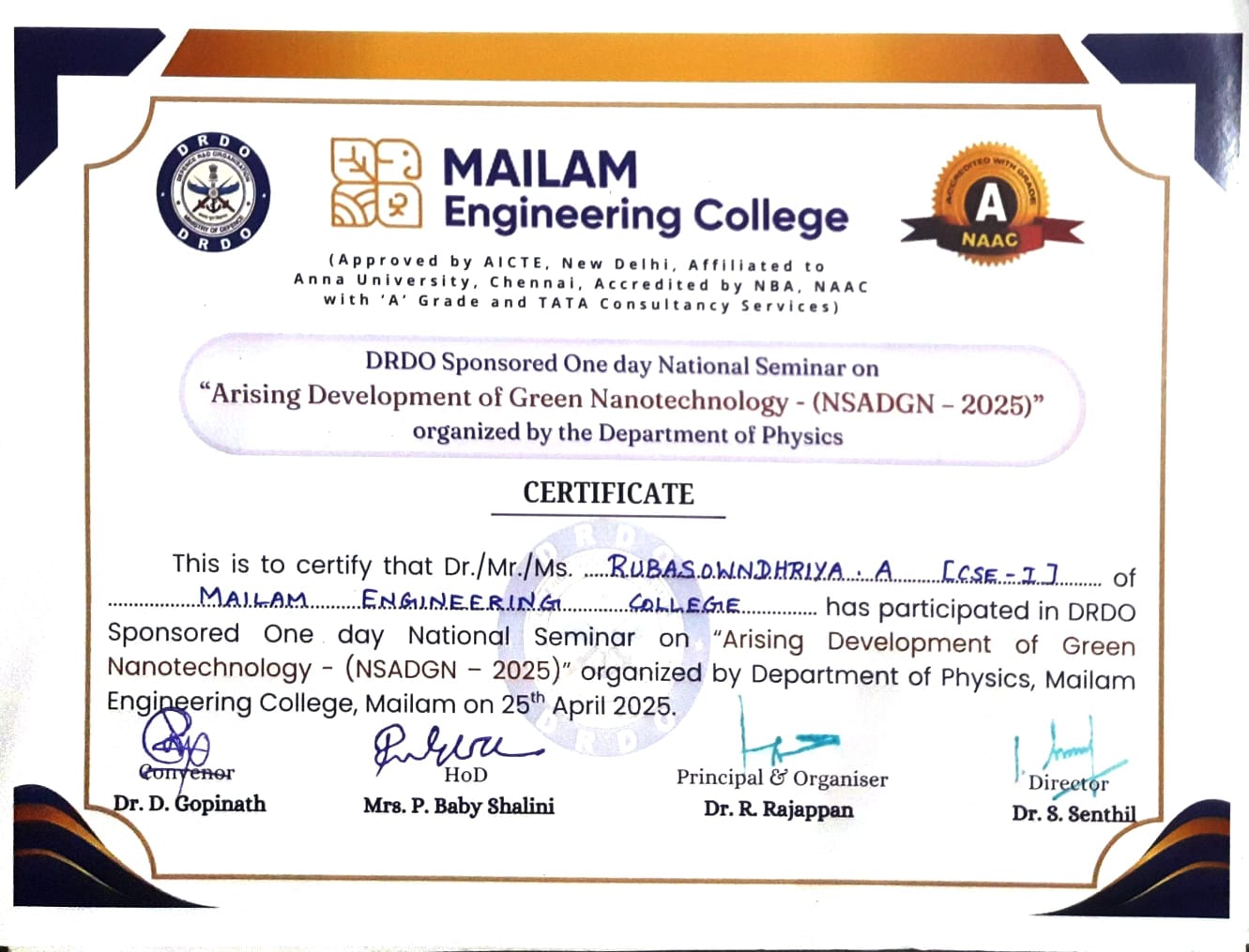 National level seminar Certificate